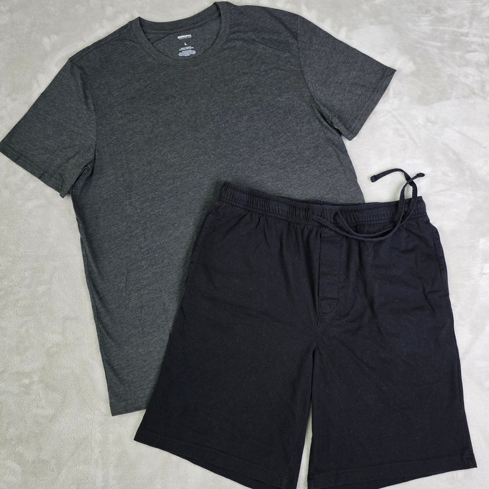 Sonoma Mens Lounge Pajama Set Gray T-Shirt Sz L Black Shorts Sz Med Loungewear